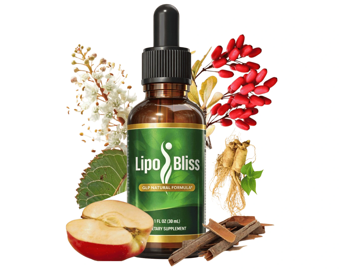 LipoBliss natural weight loss liquid drops surrounded by Maca Root, African Mango, and other natural ingredients